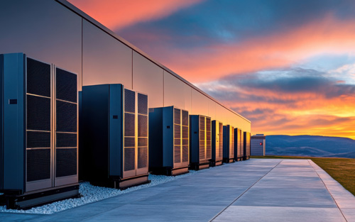 A sleek, modern data center exterior set against a vibrant sunset, with mountains in the background and expansive landscape.
